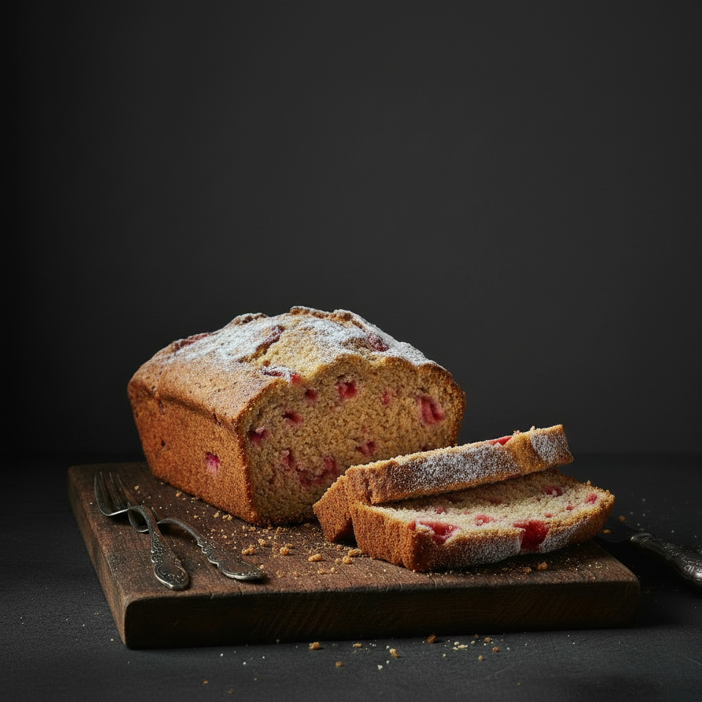 Strawberry quick bread with finely diced strawberries on dark moody background