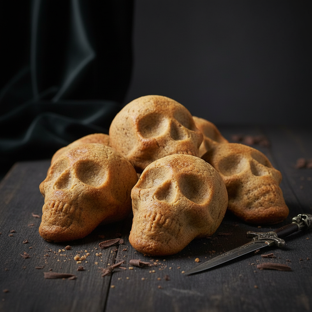 Skull-shaped banana bread cookies piled on a dark moody background